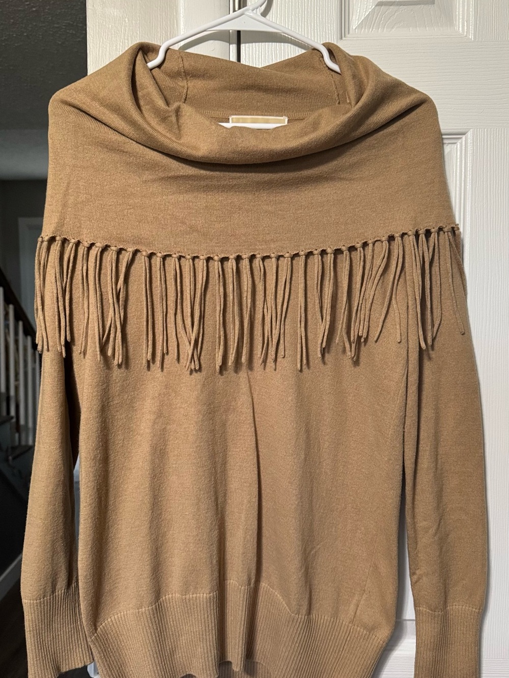 Michael Kors Camel Fringe Cowl Neck Sweater